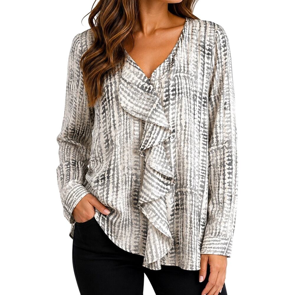 Coldwater Creek Plus Size 2X 22-24W Off White/Black Long Sleeve Silky Shirt Top